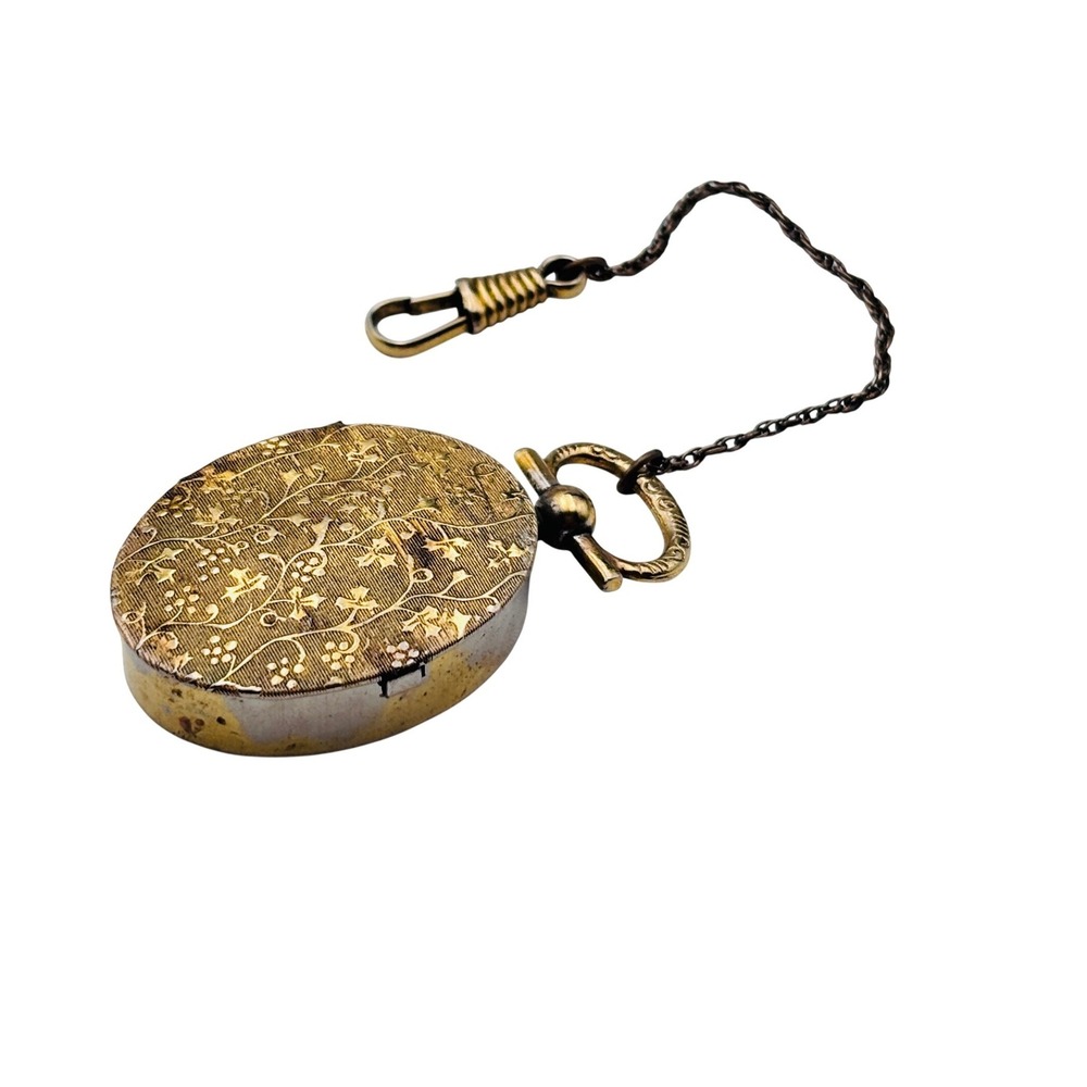Antique Victorian Etched Floral Pill Box Locket Watch Chain Fob Oval